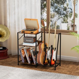 Hosfais Record Player Stand, 3 Tier Guitar Stand for Acoustic, Electric Guitar, Bass Stand, Vinyl Record Storage Up to 200 Albums, Brown Records Shelf for Living Room Bedroom (Rustic Brown)