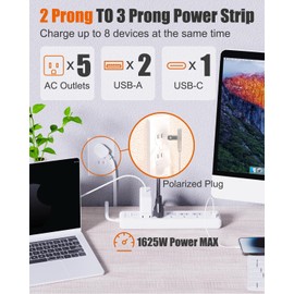 2 Prong Power Strip, WRXDMC 2 Prong to 3 Prong Outlet Adapter, 5ft Extension Cord with Polarized Plug, 1680J Surge Protector, 5 AC Outlets & 3 USB, Wall Mountable, Ideal for Non-Grounded Outlets
