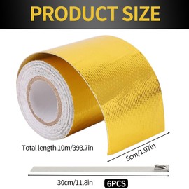Hitzeschutzband Auspuff 10M x 5cm, Auspuffband Selbstklebend mit 6 Kabelbinder Hitzebeständige Folie Auto Aluminiumfolie Hitzeschild Wickelband für Automotorhauben Motorrad (Gold)