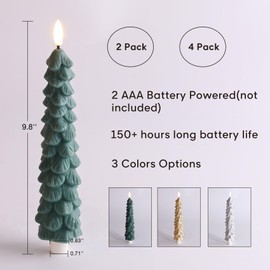 Eywamage Green Christmas Tree Candles with Remote, Real Wax Flickering Flameless LED Taper Candles Set of 2