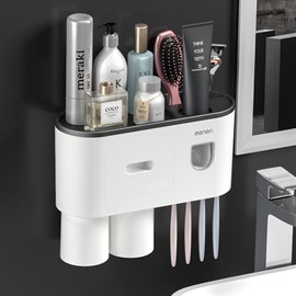 Soporte para Cepillos de Dientes, Soporte para Cepillos de Dientes de Montaje en Pared, Soporte para Cepillos de Dientes para Baño con Dispensador Automático de Pasta de Dientes para Baño (2 Tazas)