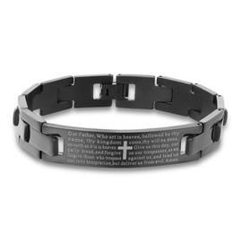 Manfnee Men's Punk Rock Bible Verse Bracelet Stainless Stee Wristband Lord's Prayer Cross Link Chain Bracelet