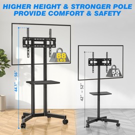 Rfiver Rolling TV Stand with Laptop Shelf, Mobile TV Stand with Upgraded Wheels for 32-75 Inch TVs, Height Adjustable Mobile TV Cart up to 88lbs, Portable TV Mount Stand for Outdoor, Home, Office