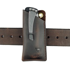 VIPERAED PJ11 Leather EDC Pocket Slip for Folding Knife, Mini Knife/Flashlight/Multitool and Other EDC Gear Leather Holster, Small Leather Utility Knife Sheath for Belt(Brown)
