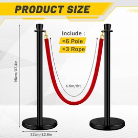 Wesiti 6 Pcs Stainless Steel Stanchion Post Queue with Crown Top 5 ft and 3 Pcs Velvet Rope and Poles Crowd Control Barriers Sand Injection Hollow Base and Velvet Ropes Set for Party (Black, Red)
