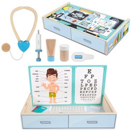 abeec Wooden Doctor Set | Compact Wooden Pretend Play Kit for Toddlers | Role Play Doctors Case with Accessories | Stethoscope, Thermometer, Syringe & More