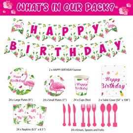 Tudomro 172 Pcs Flamingo Birthday Party Supplies Flamingo Party Decorations Include Hawaiian Tablecloths Birthday Banner Napkins Tableware Set for Summer, Serves 24