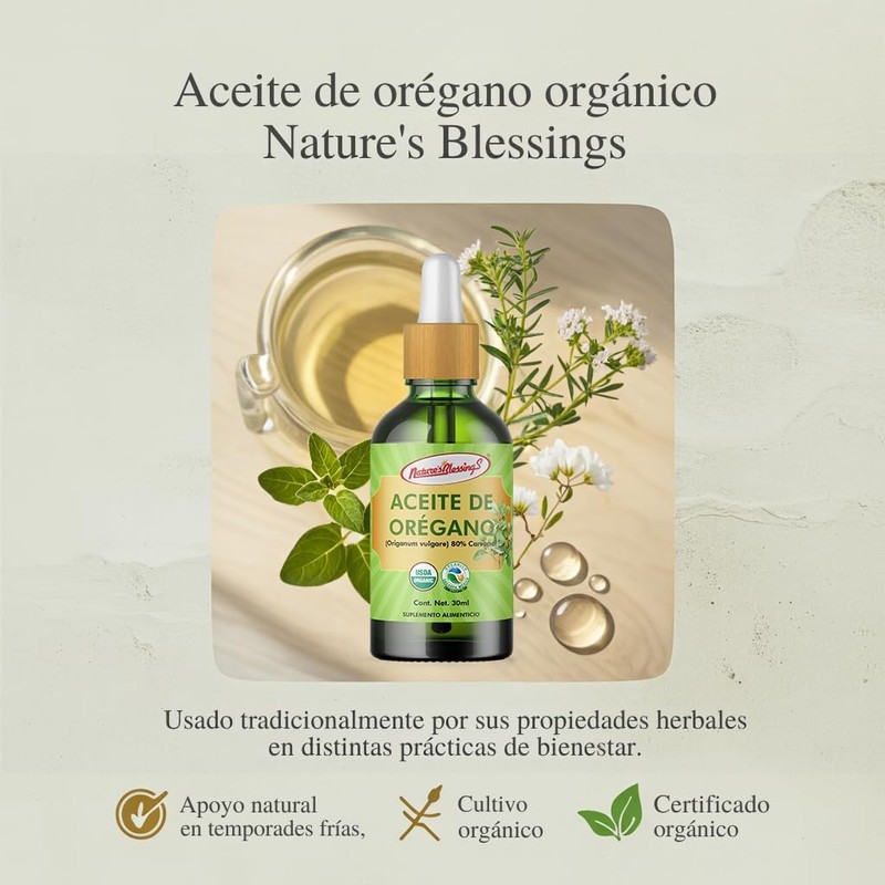 Nature's Blessings Aceite de Orégano 100% Orgánico, 80% Carvacrol, Grado