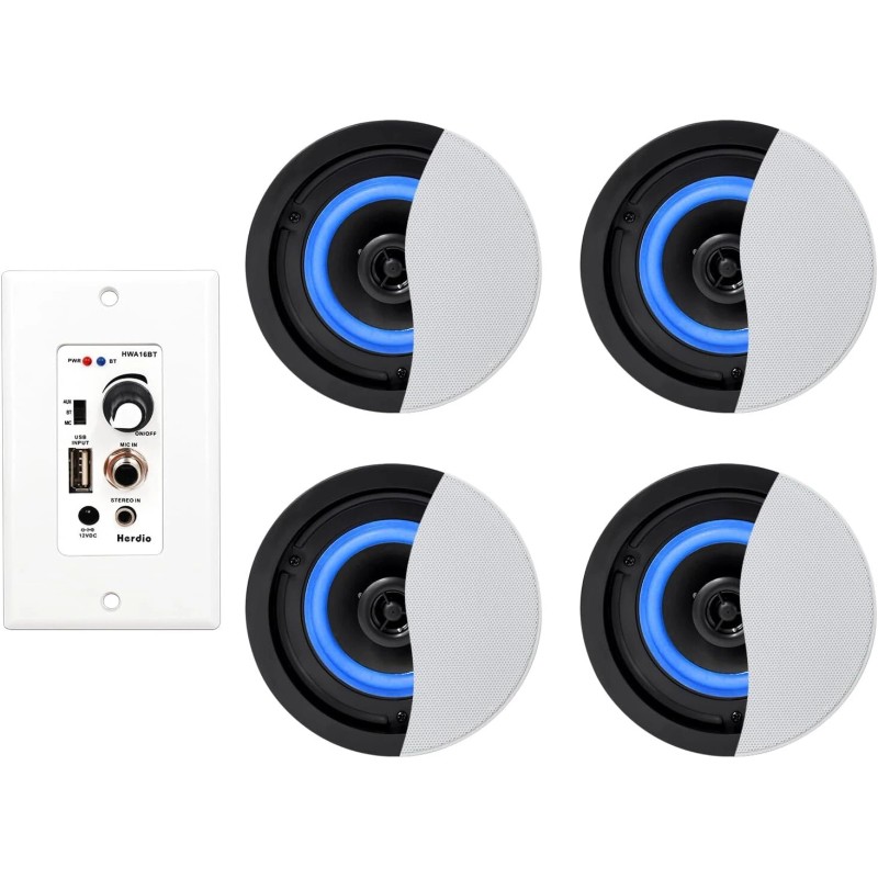 Herdio Bluetooth Ceiling Speakers Wired+4Channel Amplifier Receiver Theater Home