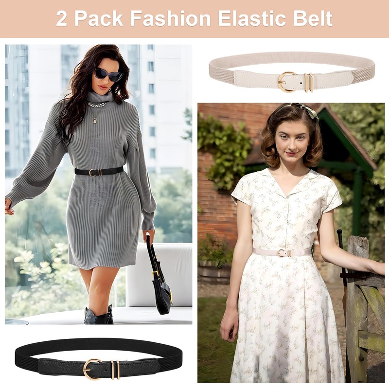 WERFORU 2 Pack Women Elastic Waist Belt Gold Buckle Belt,Black+Beige