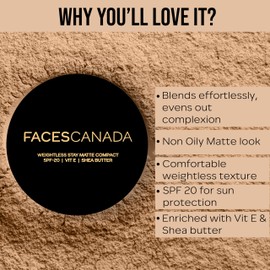 FACESCANADA Weightless Matte Finish Compact Powder - Natural | Non Oily Pressed Powder | Easy Blendable & Lightweight | Sun Protection with Vitamin E | 0.32 Oz/9g