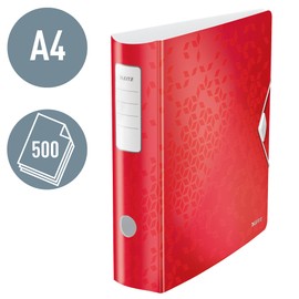 Leitz Wow Lever Arch File, Metallic Red, A4 Folder, Curved Spine 82mm Width, Elastic Fastening, Light Polyfoam Material, 11060026