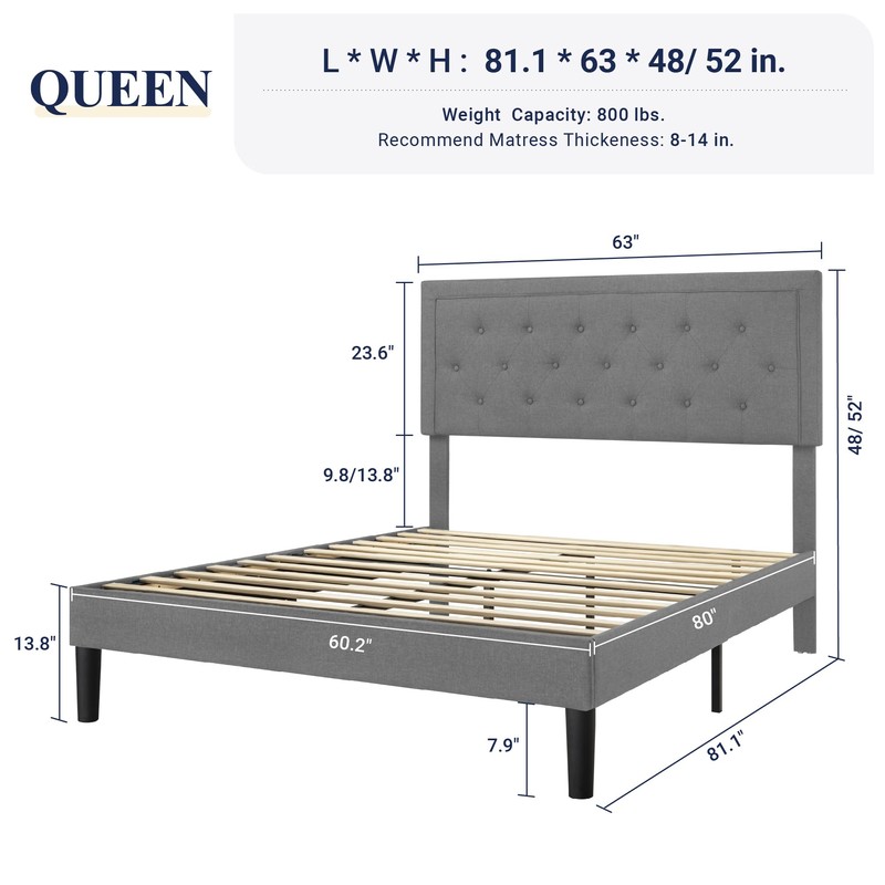 Allewie Queen Size Upholstered Platform Bed Frame with Adjustable Headboard,