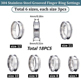 18Pcs Stainless Steel Grooved Finger Ring Settings, Assorted Wide Grooved Finger Ring, Comfort Round Inlay Plain, Core Blank for Jewelry Making Man Women Adult DIY Craft (Silver)