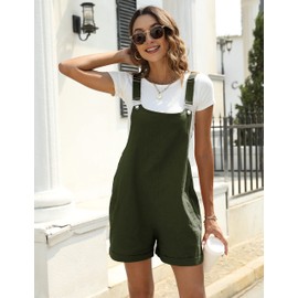 Fiona Jolin Women's Summer Cotton Linen Short Overalls Casual Bib Overall Shorts Rompers with Pockets (ArmyGreen-S)