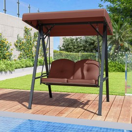 Tangkula 2 Person Porch Swing, Patio Swing with Adjustable Canopy, Heavy-Duty Metal Frame & Soft Cushion, Outdoor Swing for Backyard, Garden (Brown)