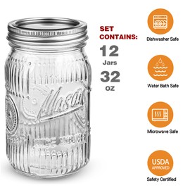 Jeitae 12 Pack 32 oz Vintage Style Wide Mouth Mason Jars - Heavy Duty Glass Storage Jars with Airtight & Leak Proof Lids for Pickling, Canning, Food Storage, Flour, Sugar, Pasta, Oats & DIY Projects