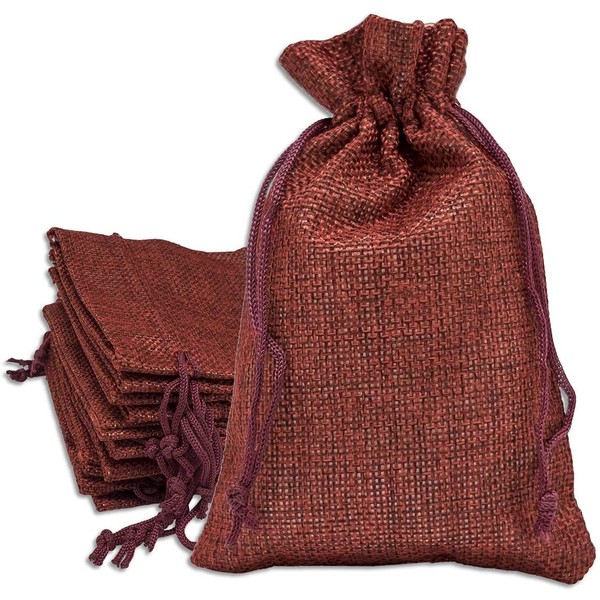 12-Pack 5.5x7.75 Natural Linen Burlap Bags w. Drawstring (Maroon Red, Medium) for Party Favors, Gifts, Christmas Presents or DIY Craft by TheDisplayGuys