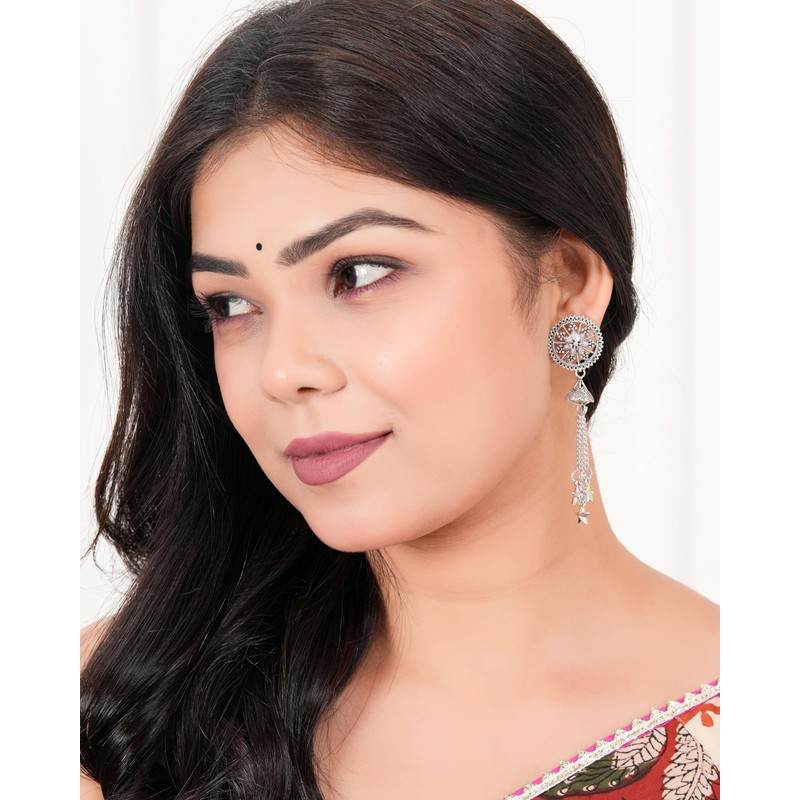 Crafty Wonders Women's Traditional OXidised Silver Earrings Dangle for Wedding
