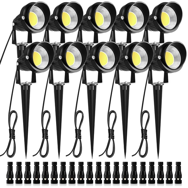 ZUCKEO Low Voltage Landscape Lights LED Landscape Lighting with Connectors, 10W 12V 24V Outdoor Spotlights Waterproof Garden Flood Pathway Yard Lights 1000LM Daywhite Light(10Pack with Connector)