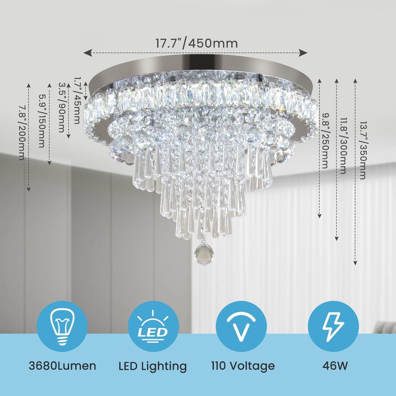 FRIXCHUR Crystal Chandeliers LED Crystal Ceiling Light Fixture with Remote