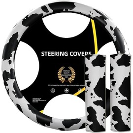 AUTOXBERT 3Pcs Cow Print Steering Wheel Cover Set 15Inch Wheel Protector and 2 Pack Seat Belt Shoulder Pad Non Slip Car Interior Decorations