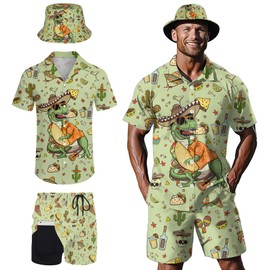 Nhjk Mexican Taco Dinosaur Mens Hawaiian Shirt and Short Set Beach Casual Rave Outfit Clothes for Vacation Party with Bucket Hats Small
