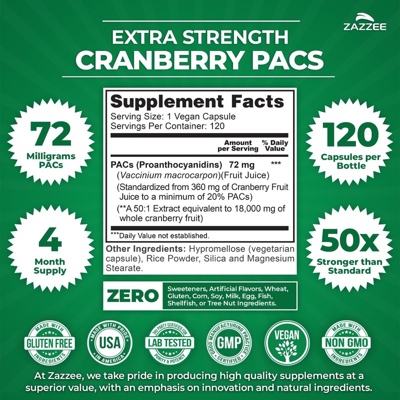 Zazzee Cranberry PACs 72 mg per Capsule, 50:1 Extract, 120