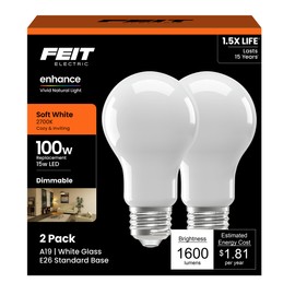 Feit Electric A19 LED Light Bulb, 100W Equivalent, Dimmable, E26 Base, 90 CRI, 1600 Lumens, 2700K Soft White, General Purpose Light Bulbs, 17,000-hour Lifetime, A100/927CA/FIL/2, 2-Pack