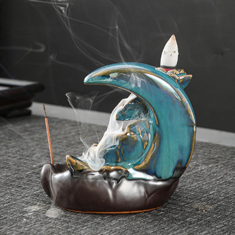 Reverse Flow Incense Burner Creative Home Decoration (Moon - Blue)