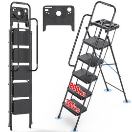 AHOMSEL Step Ladder 5 Step Folding,Step Ladder with Handrails,800 LBS Portable Safety Ladder with Safe-Lock Tool Platform Design,Suitable for Home, Kitchen, Office, Outdoor