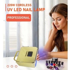 Cordless UV Nail Lamp 220W, Professional LED Nail Lamp with 48 Beads & Touch Display, Rechargeable UV Light for Gel Nails Built-in 3-Timer Modes & Auto Sensor, Fast Curing Nail Dryer (Plating Gold)
