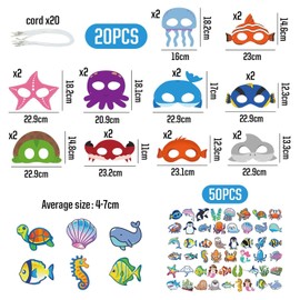 KSBBHDS Pack of 20 sea animal masks and 50 stickers, children's toys, role play, party dress-up supplies.