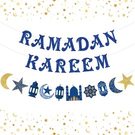 Ramadan Kareem Banner - Ramadan Kareem Decoration, Star and Moon Garland Blue Ramadan Party Supplies Hajj Eid Mubarak Party Muslim Islam Eid Celebration Decoration 2 Pack