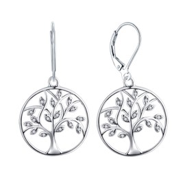YL Tree of Life Earrings 925 Sterling Silver Simulated Emerald/3A Cubic Zirconia Family Tree Dangle Earrings, Sterling Silver, Cubic Zirconia