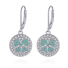 Four Leaf Clover Earrings S925 Sterling Silver CZ Shamrock Lever Back Earrings Jewellry Gift for Women Girls (Four Leaf Clover)