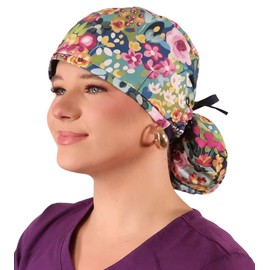 Sparkling EARTH Morning Meadow with Navy Ties (Flowers) - Big Hair Ponytail Cotton Surgical Style Scrub Working Cap - Made in USA!