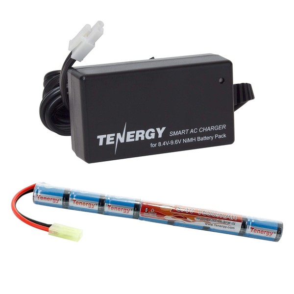Tenergy Airsoft Battery 8.4V 1600mAh NiMH Stick Battery High Performance Stick Style Batteries w/Mini Tamiya Connector, Replacement Battery for Airsoft Rifle AEG Guns + 8.4V-9.6V NiMH Battery Charger