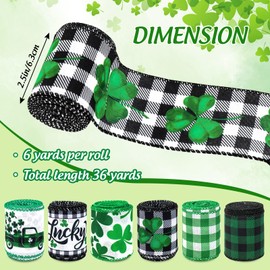 AnyDesign 6 Roll St. Patrick's Day Wired Edge Ribbon 2.5 Inch Green Black White Buffalo Plaids Fabric Ribbon Lucky Shamrock Truck Craft Ribbon for Wrapping DIY Bow Wreath Crafts Making, 36 Yards