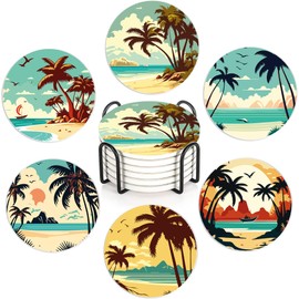 Drink Coasters with Holder,6 Pcs Palm Trees Beach Sunset Absorbent Ceramic Coasters with Cork Base,Cute Funny Table Drinks Coasters,Table Home Decor,4 Inches
