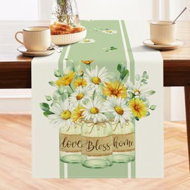 Bonhause Daisy Vase Table Runner 13x90 Inch Flowers Eucalyptus Leaves Spring Seasonal Holiday Kitchen Dining Table Decoration for Indoor Outdoor Home Party Decor, BHR0047-L90