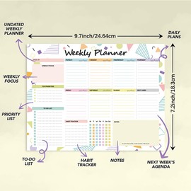OSYLICT Weekly Planner Pad,Undated Daily Weekly to View Planner To Do List Notepad Productivity Organizer, Desk Planner for Meal, Appointments, Schedule, with Habit Tracker,50 Tear-Off Sheets,B5