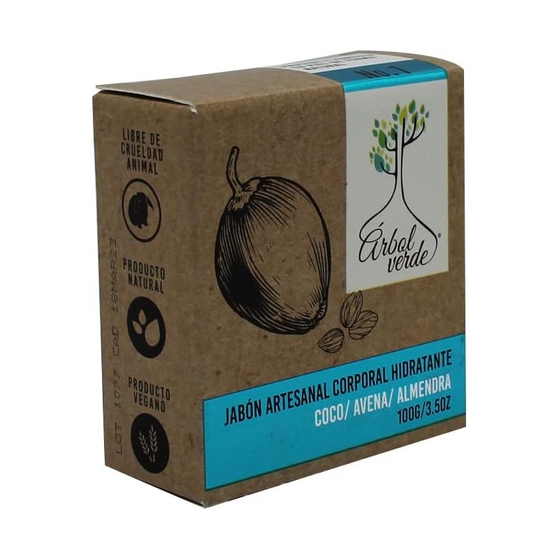Árbol Verde Jabón Artesanal Corporal Hidratante, Coco Avena y Almendra,