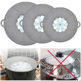 URMONA 3 PCS Spill Stopper Lid Cover, Diameter Length 8.86'' + 10.24'' + 11.42'' Boil Safeguard Lid Cover, Silicone Microwave Splatter Lid for Food, Multi-Function Lid Cover for Kitchen Cooking(Grey)
