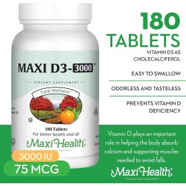 Maxi Health Vitamin D3 3000IU, 75mcg, 180 Tablets, Kosher