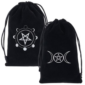 CREATCABIN 2Pcs 2 Styles Black Tarot Storage Bag Velvet Drawstring Packing Pouches Pentagram Moon Phase Gift Bag for Tarot Dice Card Jewelry Crystal Fortune Telling Card Pouch Halloween 7.1x4.7Inch