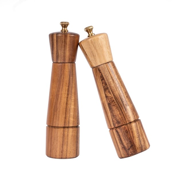 DeroTeno Salt and Pepper Mill Set, Adjustable Ceramic Grinder Salt Mill, Stainless Steel Grinder Pepper Mill, Acacia Wood, 22 cm Height, Bottom Dia 5.5 cm (Tray is NOT Included)