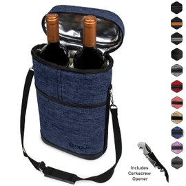 OPUX 2 Bottle Wine Tote Carrier | Insulated Wine Cooler Bag for Travel Picnic BYOB | Portable Wine Carrying Bag, Padded Protection, Shoulder Strap, Corkscrew Opener - Navy Blue