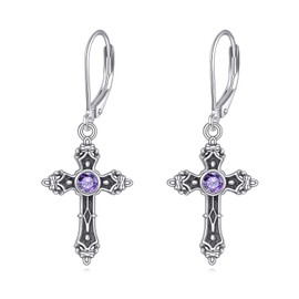 LONAGO Cross Earrings for Women 925 Sterling Silver Vintage Cross with Created Amethyst Drop Earrings
