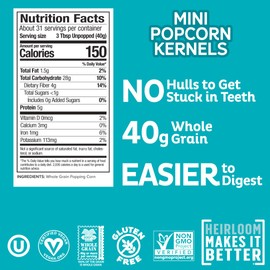 Heirloom Mini Popcorn Kernels by Pip's Heirloom Snacks, Non-GMO, Vegan, Gluten Free Snacks, Healthy Unpopped Popcorn - 44 oz Jar